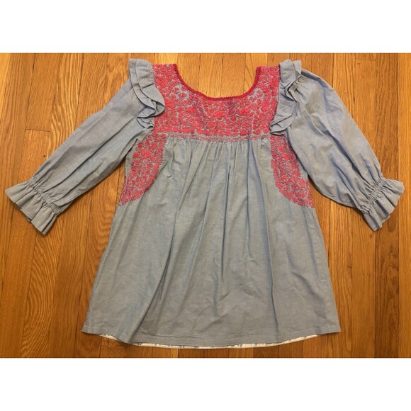 Mi Golondrina Fernanda Top Blouse Embroidered Blue Chambray Pink Floral XS - Picture 8 of 10